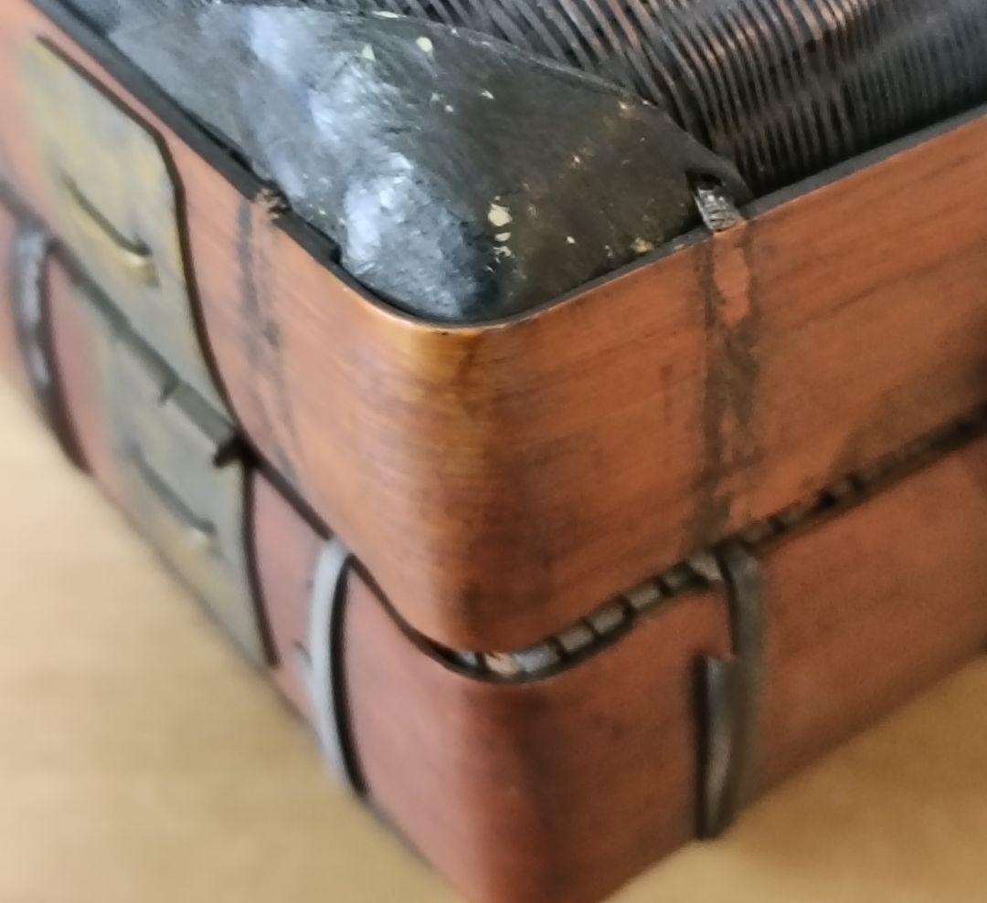 古い 弁当箱 竹編み 銅金具 　箸 網袋 木箱付