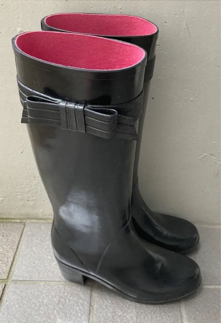 ★kate spade★ケイトスペード リボン ブラック レインブーツ 長靴 黒