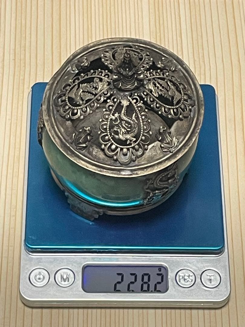 アンティーク 中国 足銀刻印 銀装飾 香炉 翡翠色 古美術 重量約228g