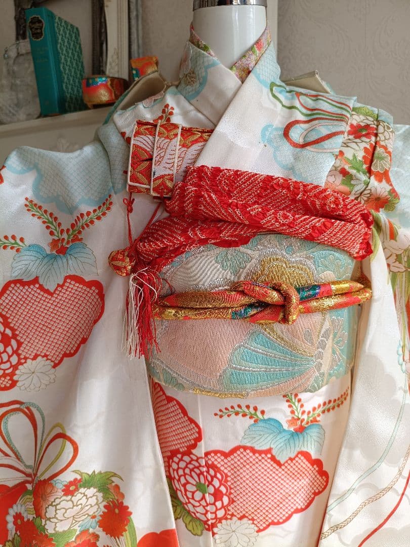 専用です☆アンティーク白に鹿の子模様の着物と白系だらり帯セット