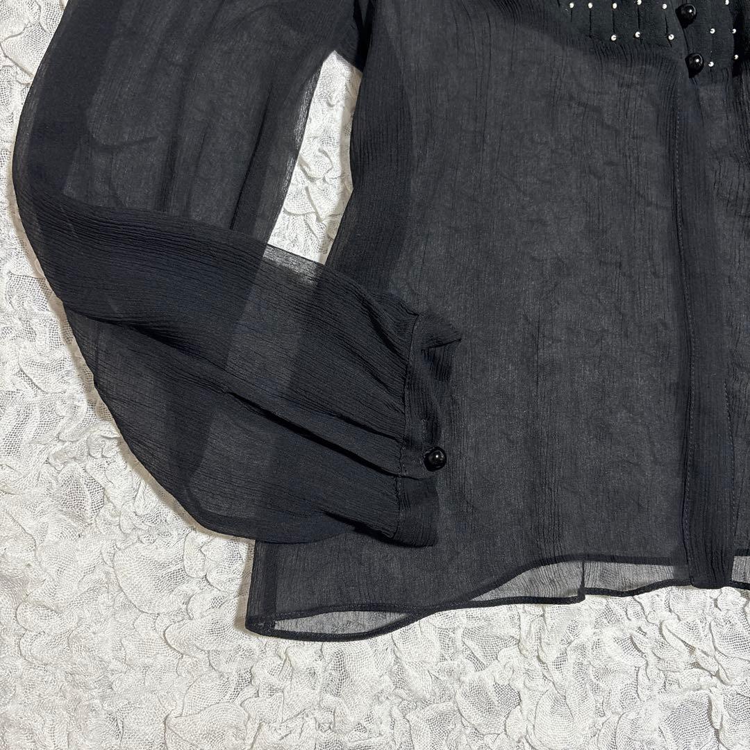 Chloe シルク100% シアー ブラウス　ビーズドット リボン　ボウタイ　黒