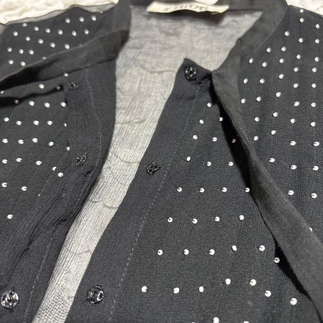 Chloe シルク100% シアー ブラウス　ビーズドット リボン　ボウタイ　黒