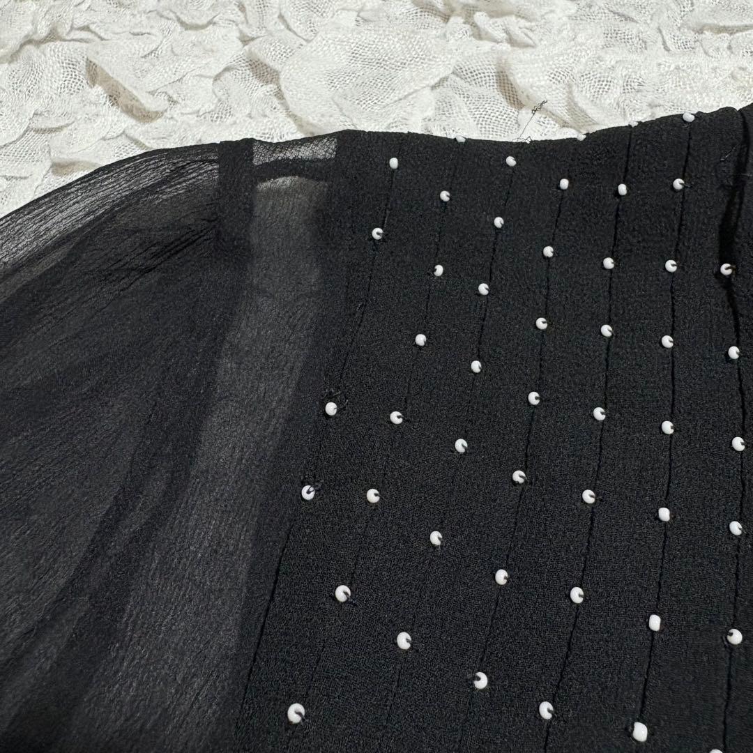 Chloe シルク100% シアー ブラウス　ビーズドット リボン　ボウタイ　黒