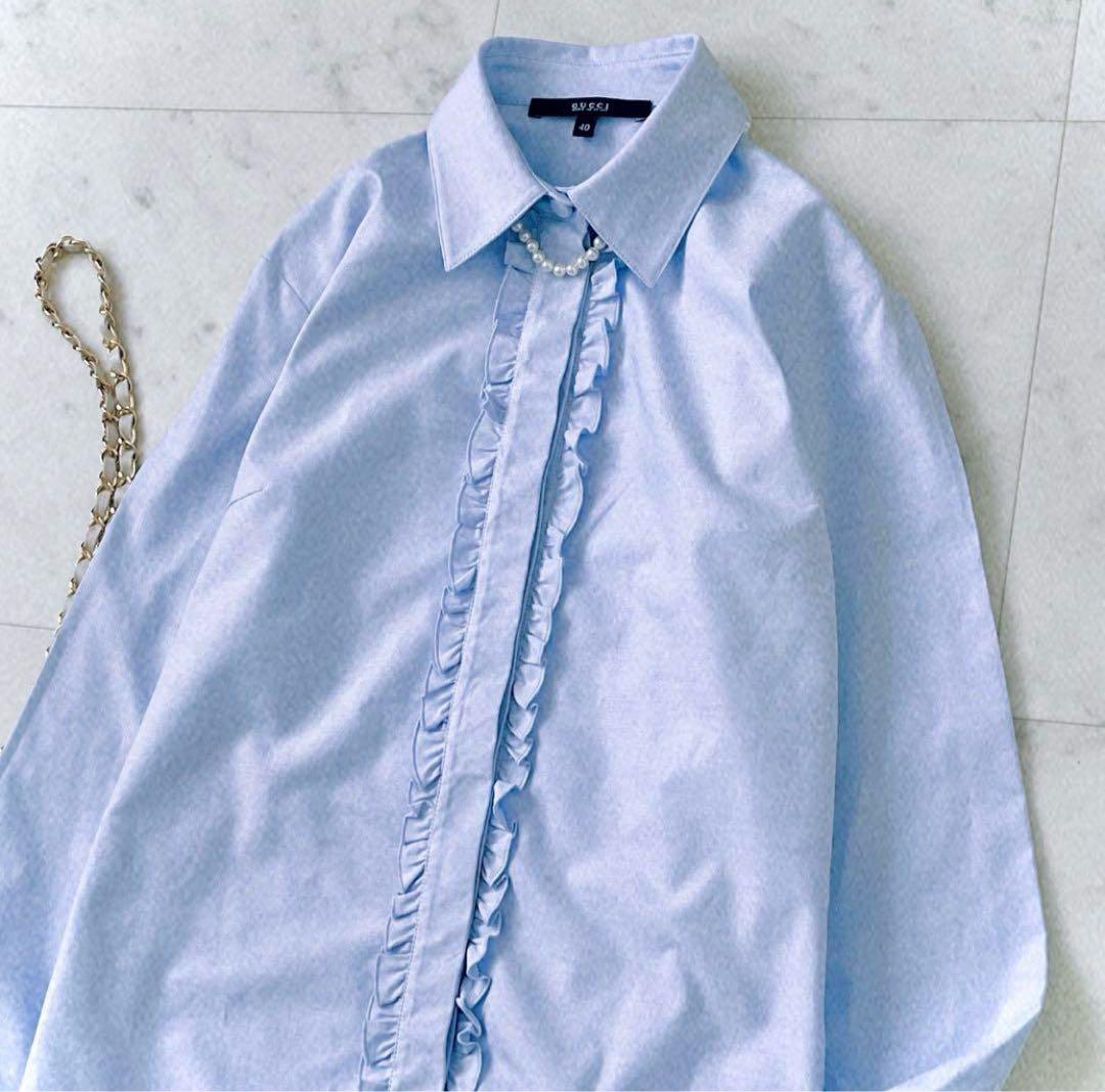 極美品 グッチ GUCCI フロントフリル 比翼仕立て コットンブラウス 長袖