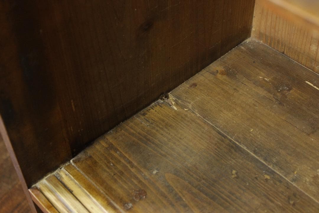 昭和レトロ 古い木製茶箪笥 モールガラス 戸棚 食器棚 古家具 欅 古材