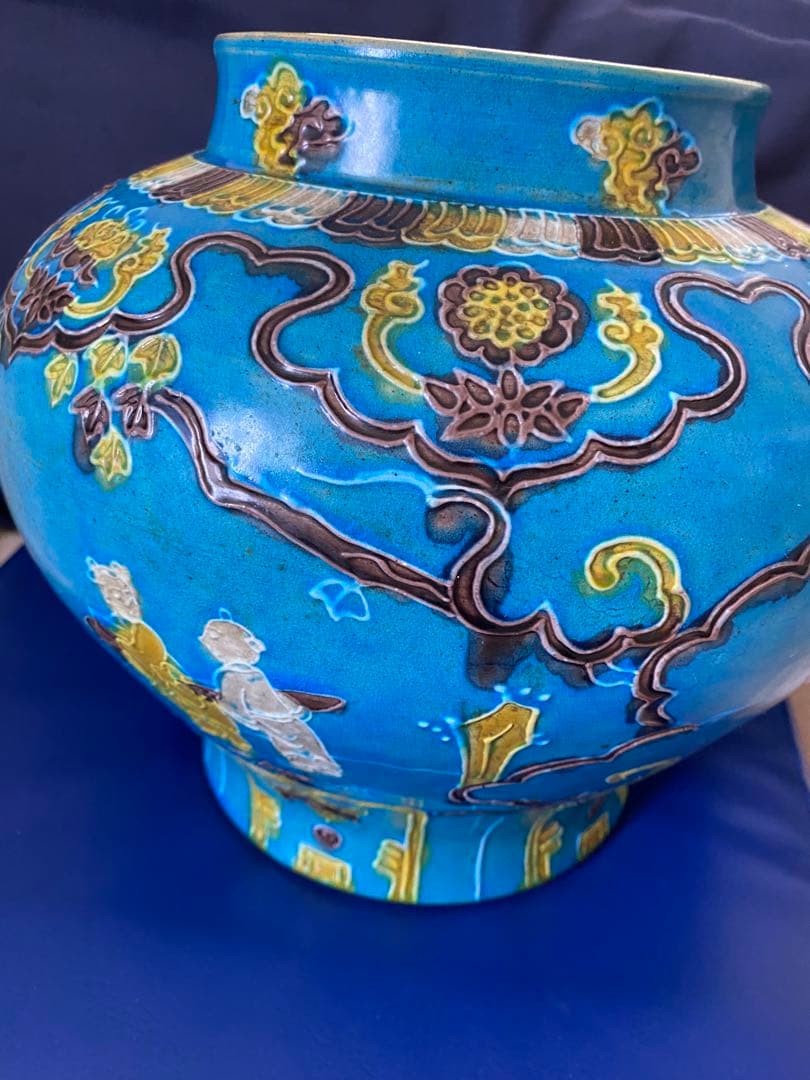 中国明代珐華彩携琴訪友紋大缶サイズ高さ約25cm径30×口16cm