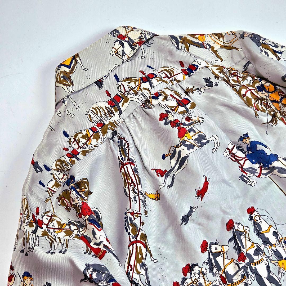 HERMES エルメス シルクシャツ 38 馬柄 サーカス 動物 ブルー系 長袖