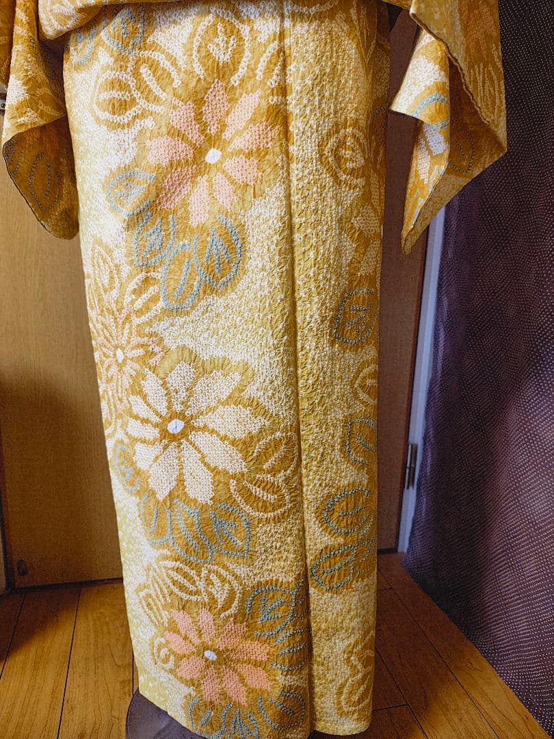 総絞り 花柄 浴衣 黄色系