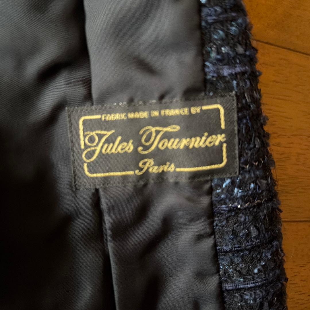 Leilian ノーカラージャケット ネイビー ツイード