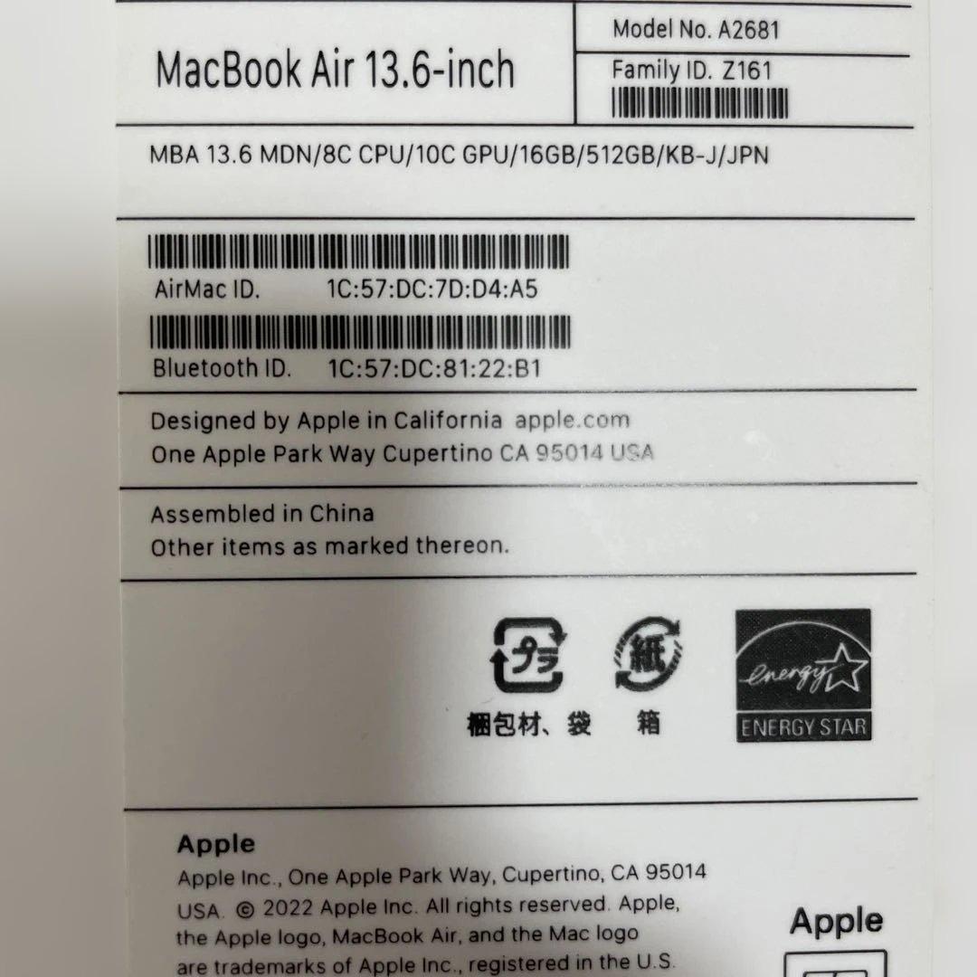 【M2 16GB 512GB】Mac Book air 13inch