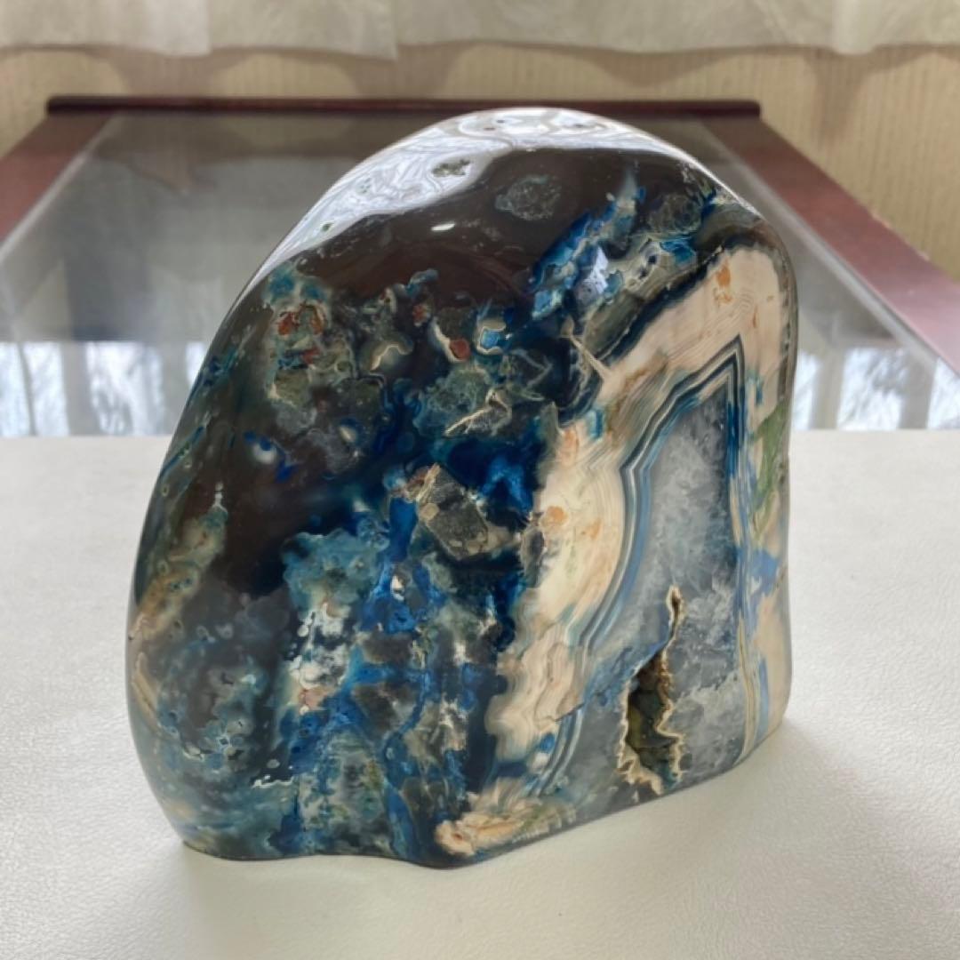 瑪瑙 メノウ 鑑賞石 飾り石 置物 オブジェ 木製 台座付き 青 ブルー レトロ