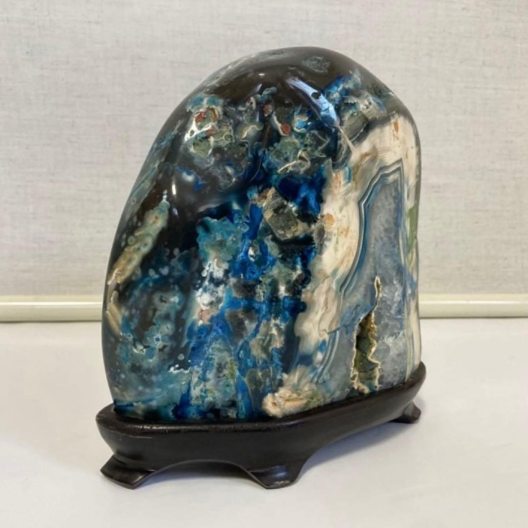 瑪瑙 メノウ 鑑賞石 飾り石 置物 オブジェ 木製 台座付き 青 ブルー レトロ