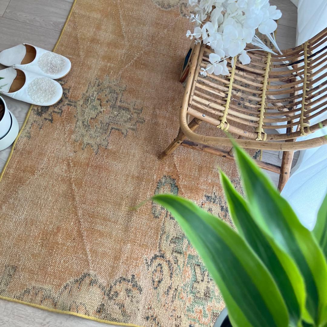 オレンジイエロー80×126グリーン　accentrug トルコヴィンテージラグ