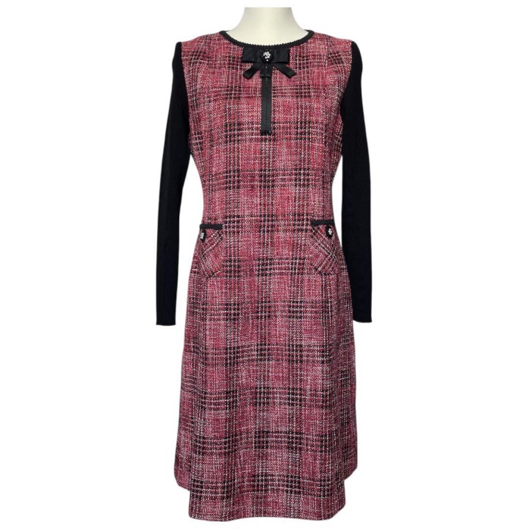 スーパービューティー【42/L】 ビジュー　リボン　ツイード×ニットワンピース