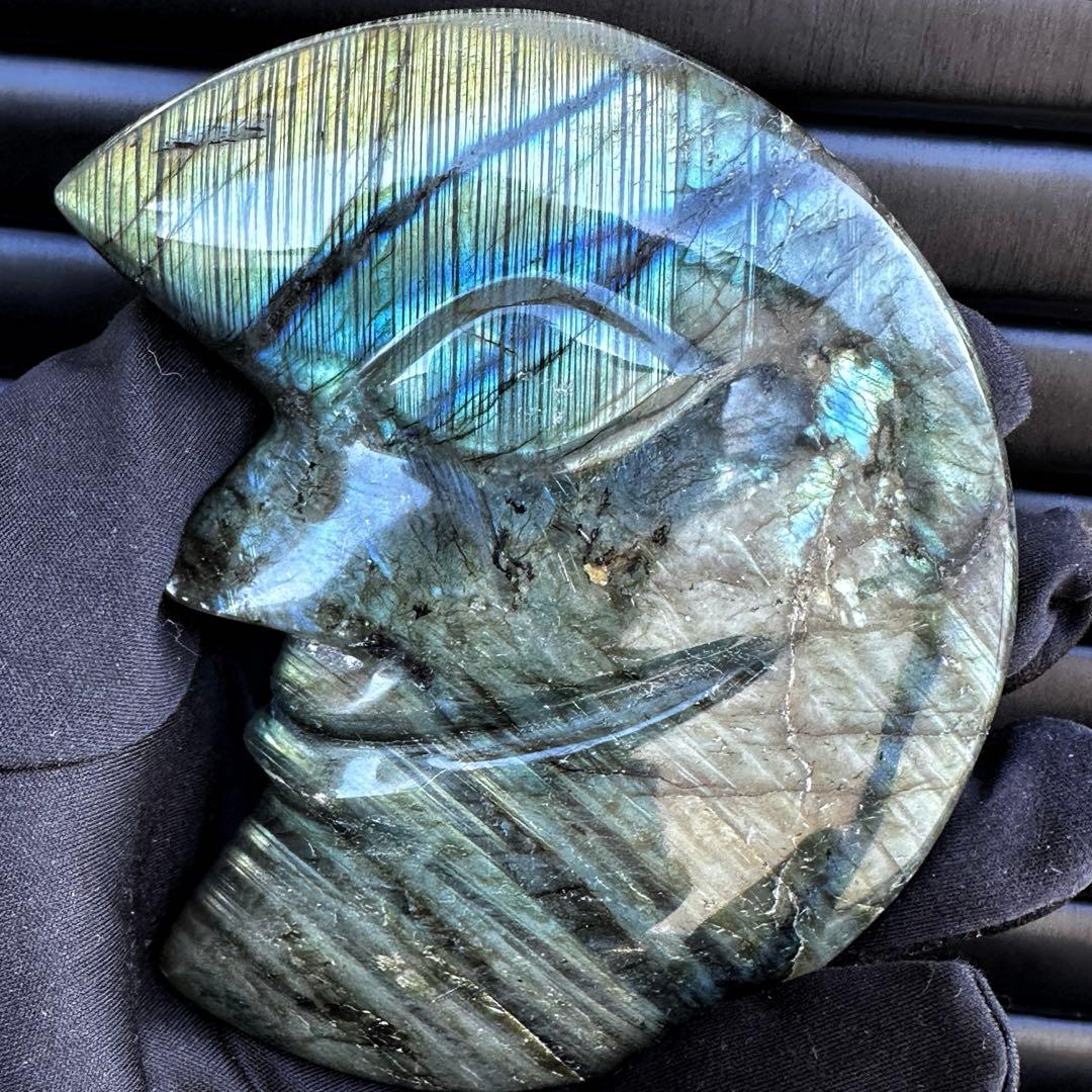 爆アレ☆ラブラドライト☪︎ムーンフェイス 月 鉱物 置物 原石 天然石A1169