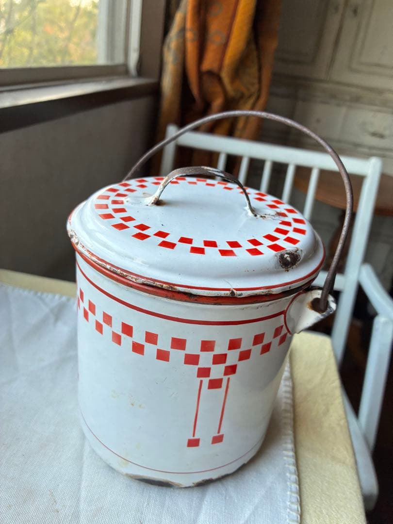 フランス　アンティーク　ホーロー　ストッカー　キャニスター　ダミエ　市松　レア