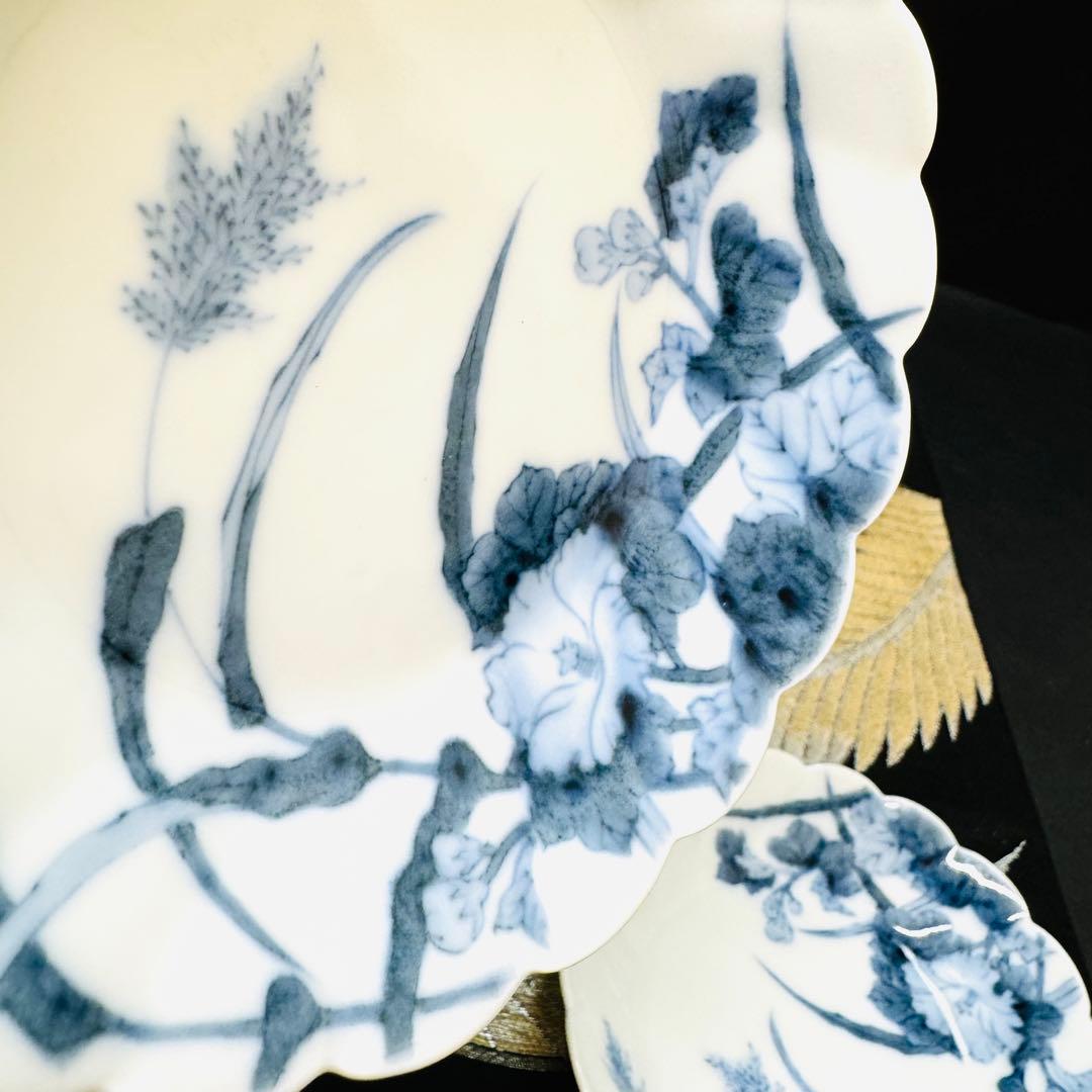 時代美品　古伊万里　柿右衛門　藍柿　渦福角福　染付花草紋様　深皿　3客　骨董