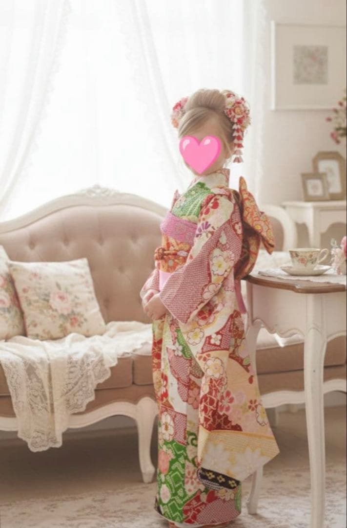 新品☆七五三着物四つ身作り帯フルセット(赤緑ピンク黄色)