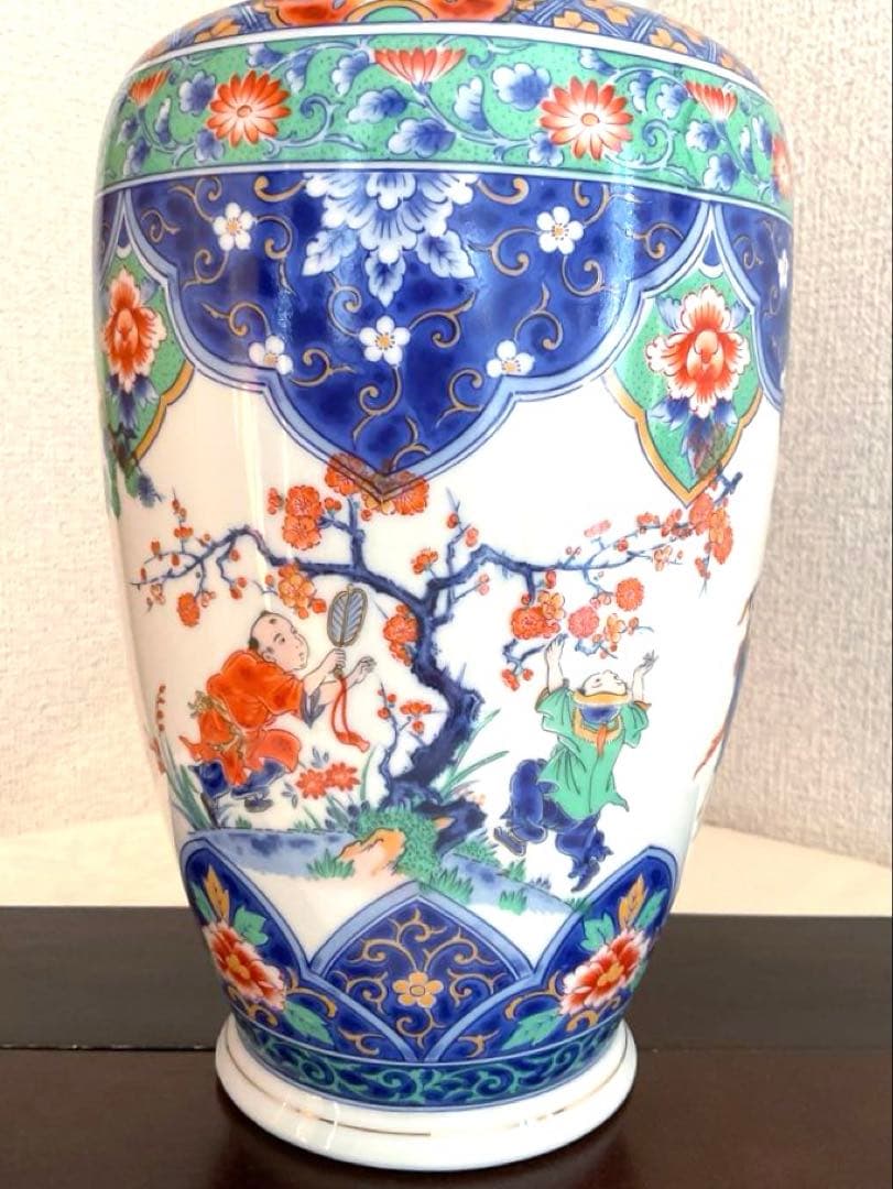 【新品】若山窯　唐絵柄陶器花びん 昭和レトロ 唐絵 骨董 手描き花瓶 置物