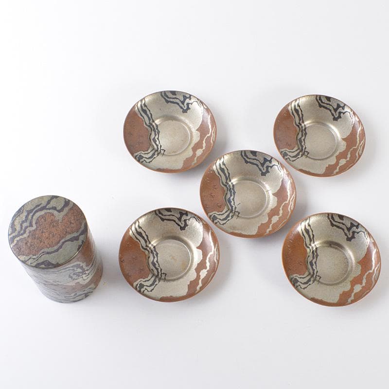 煎茶道具　富貴堂造　鎚起銅器　茶筒　茶托五客　共箱　2点まとめて　M　R6508