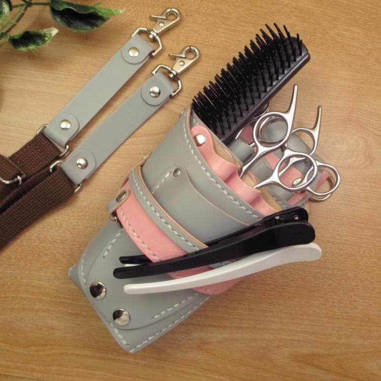 【特別価格】ライトグレー＆ピンク　６丁　本革シザーケース　SCA-100/CHA