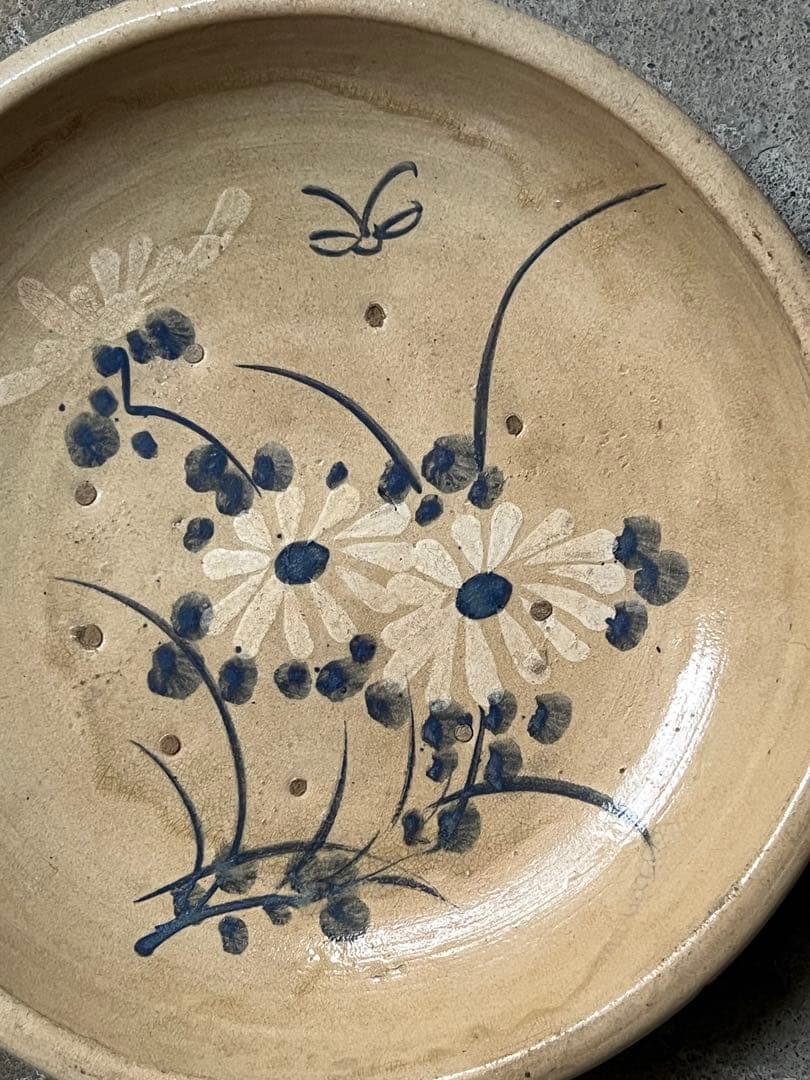 瀬戸菊繪石皿 ／ 江戸時代　共箱付 呉須大皿 径370mm 古瀬戸 民藝