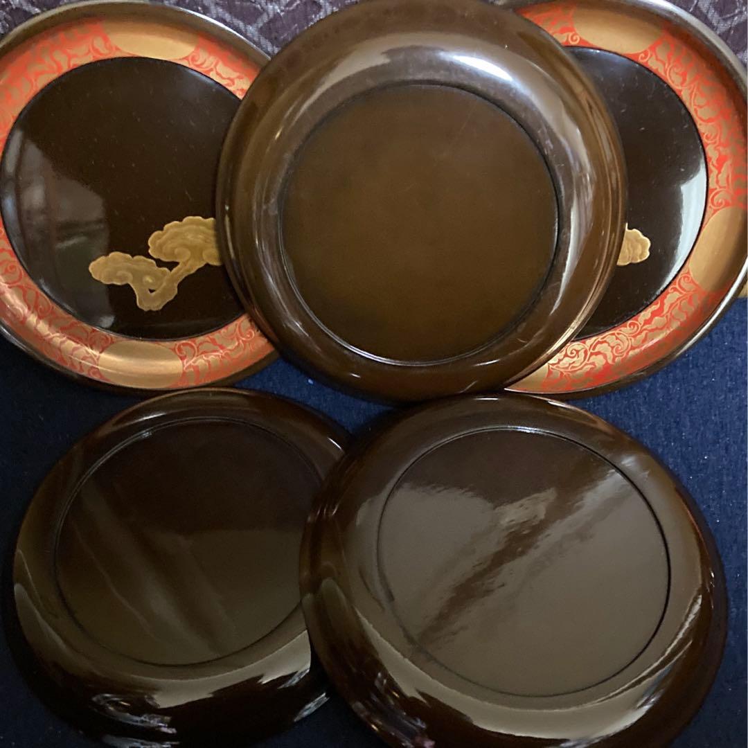 研出蒔絵　霊芝紋木皿　五枚組