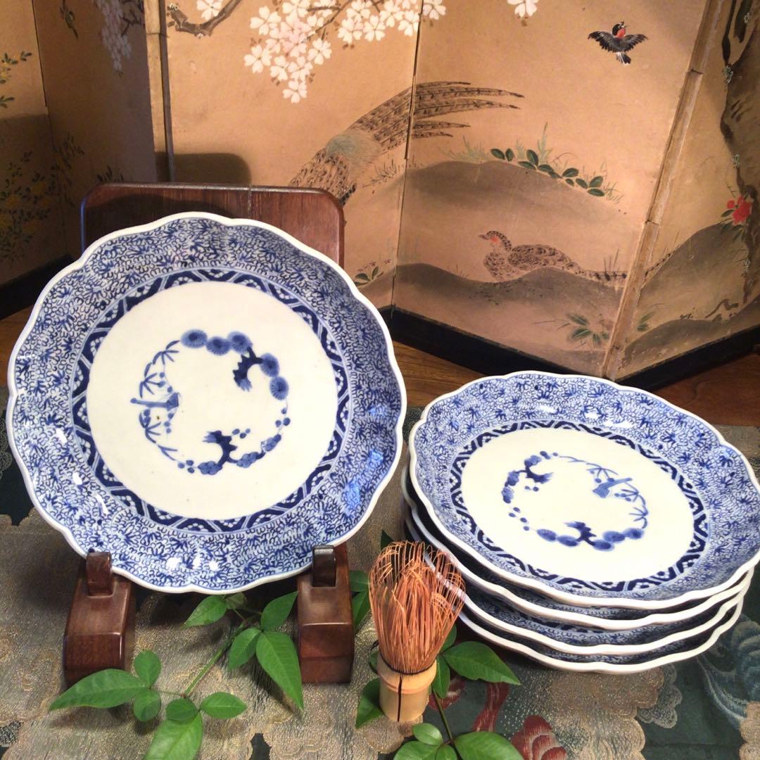 A781 古伊万里　上手　微塵唐草紋様　輪花型　7寸皿　5枚