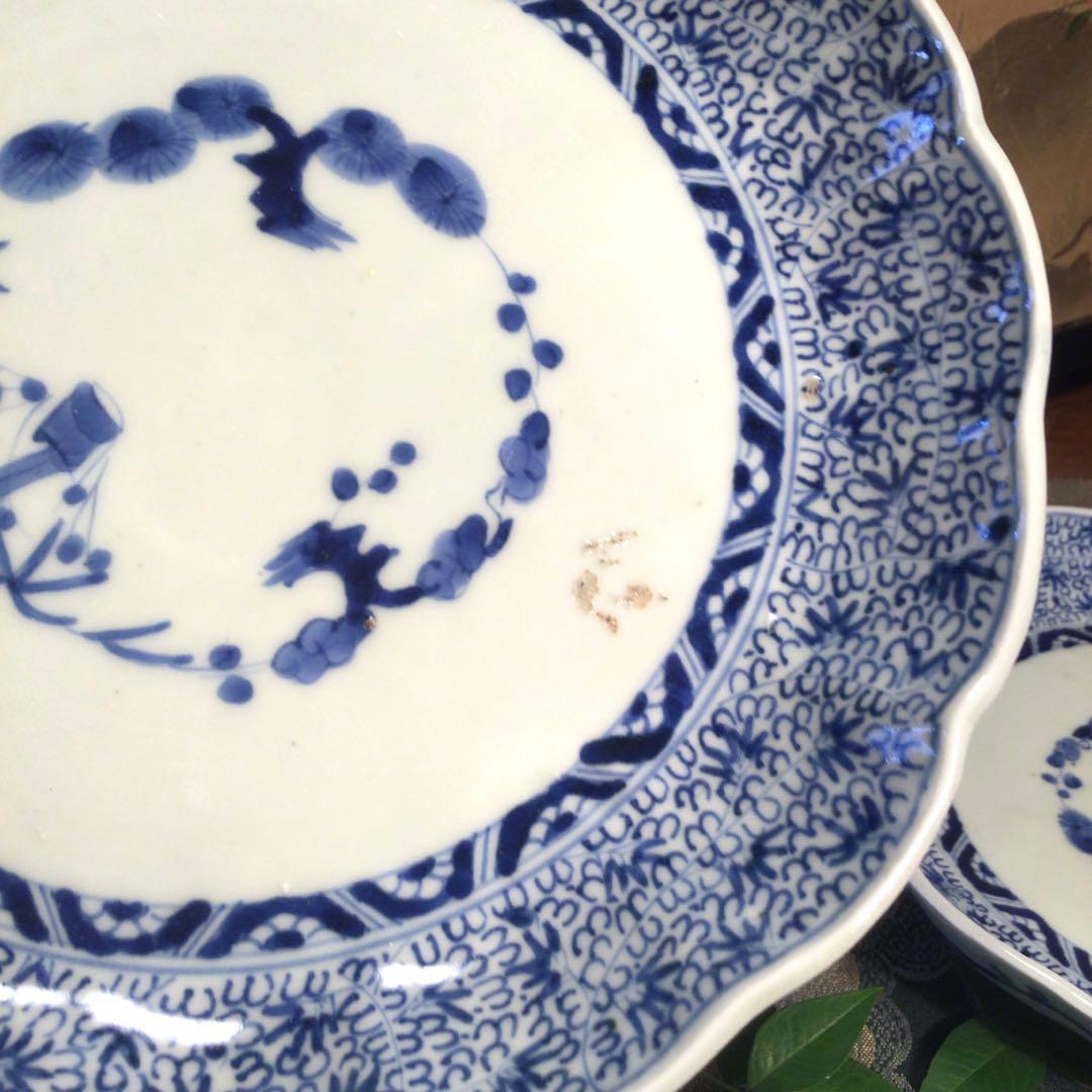 A781 古伊万里　上手　微塵唐草紋様　輪花型　7寸皿　5枚