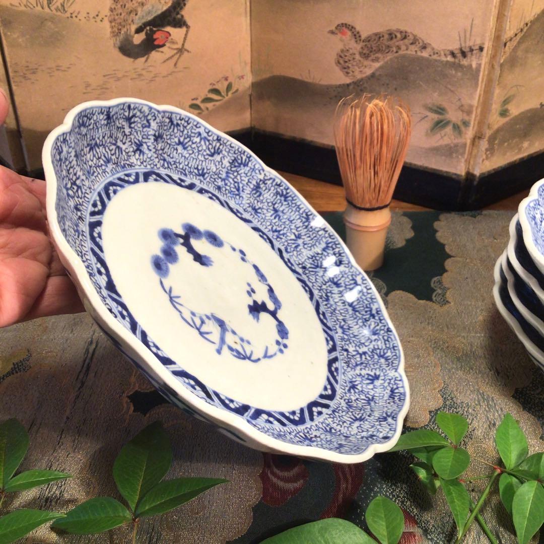 A781 古伊万里　上手　微塵唐草紋様　輪花型　7寸皿　5枚