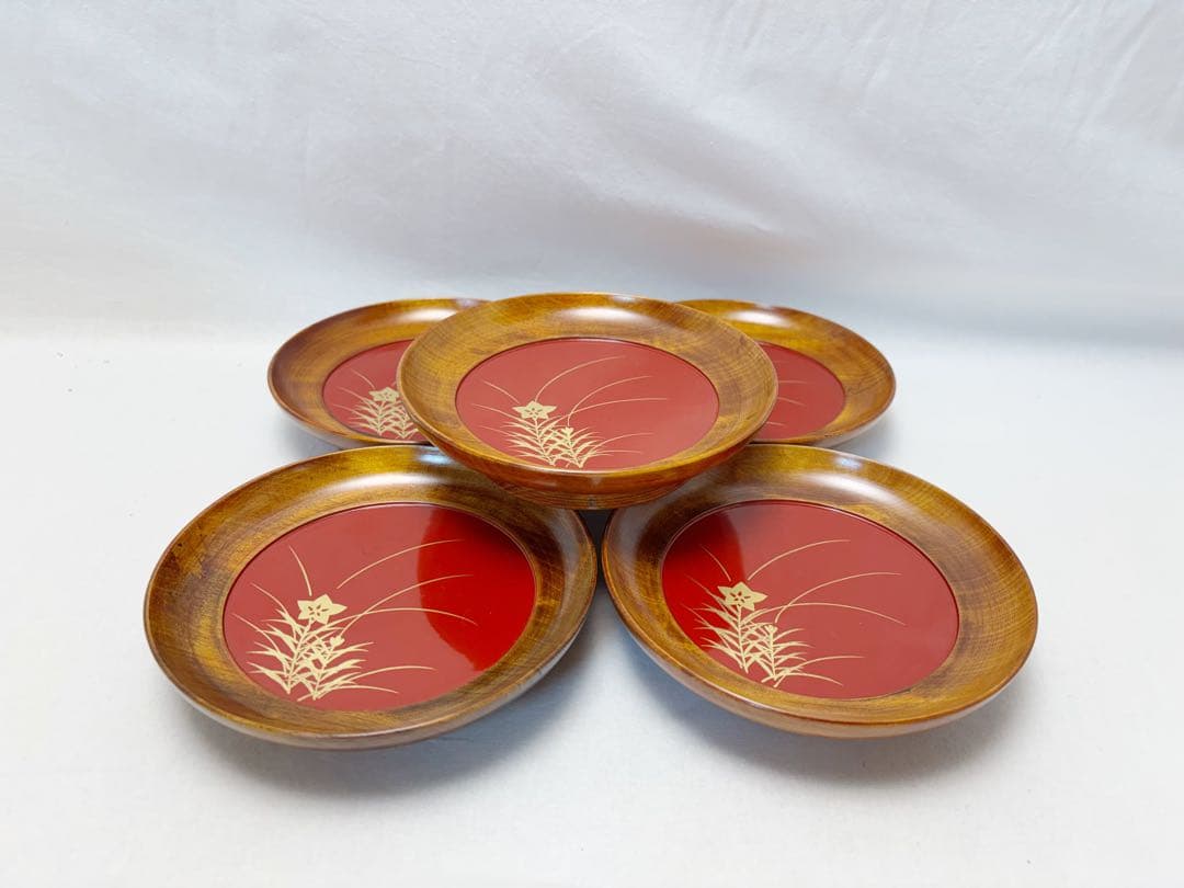 未使用 茶道具 文平堂作 木製漆器 金彩秋草蒔絵 銘々皿5客組 丸皿 和菓子共箱