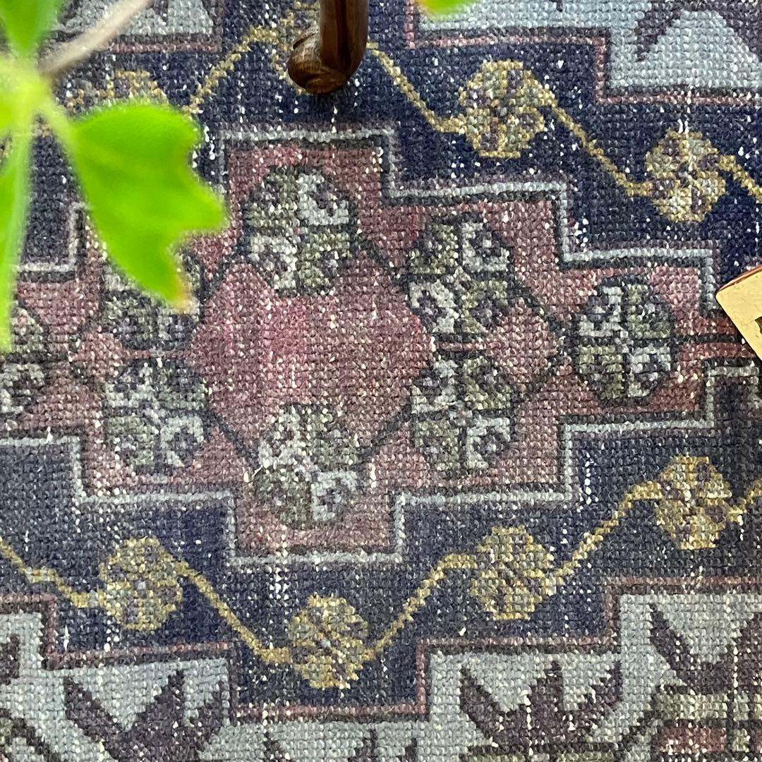 濃淡ブルー✳︎43×83 イエロー　ピンクメダリオン　トルコヴィンテージラグ