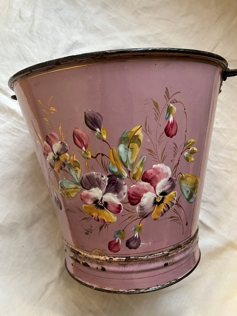希少♡フランスアンティーク　ピンク　手描き　ホーロー　バケツ　ハンドペイント