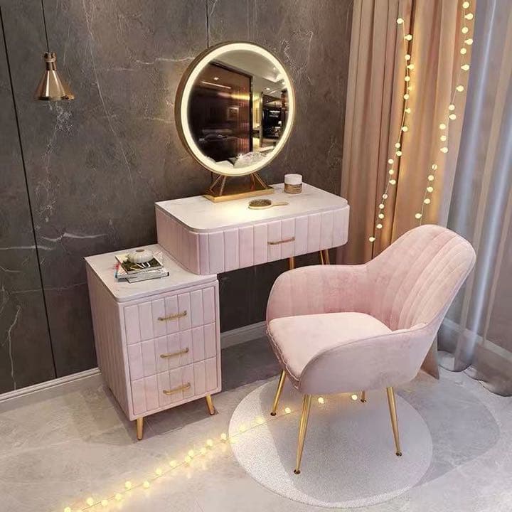 オシャレドレッサー　ベージュ　デスク引き出し1杯LEDミラー　椅子　棚4点セット