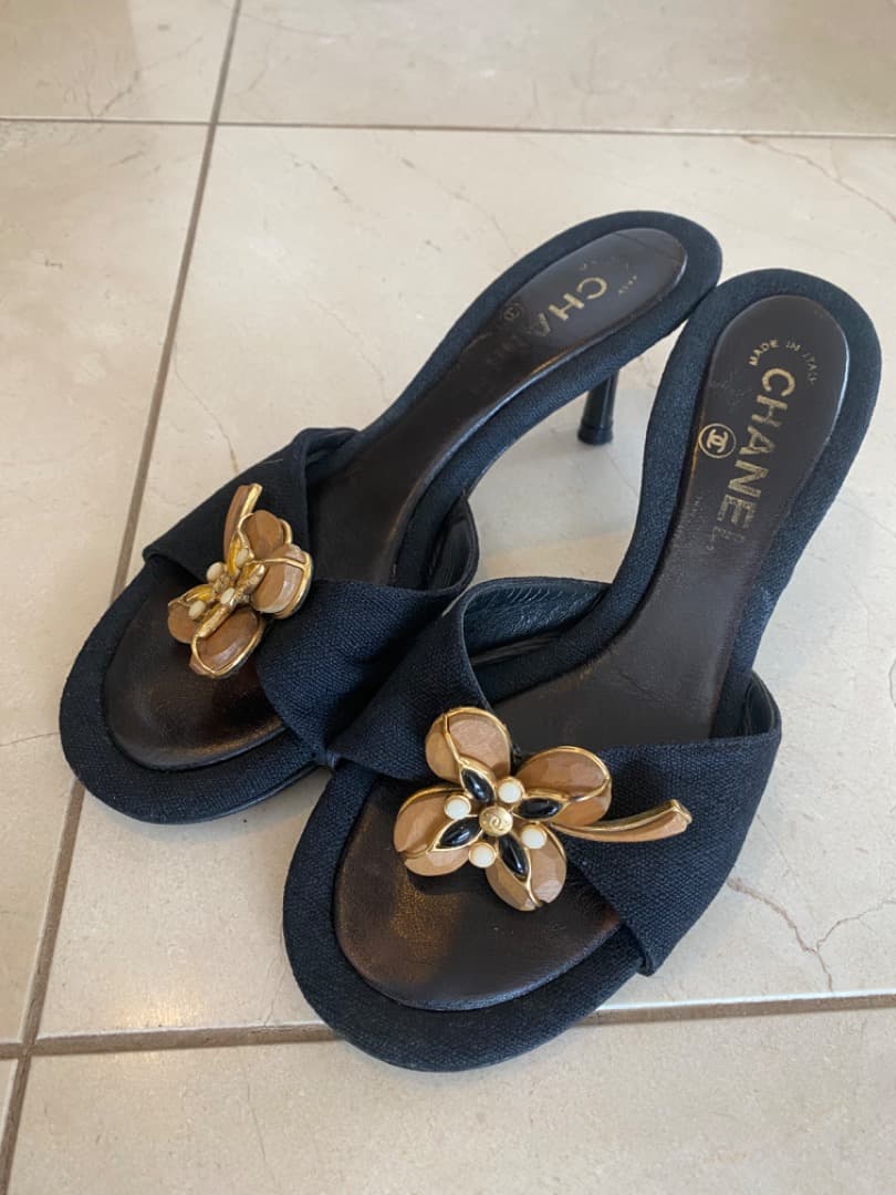 【レア】CHANEL ブラック ウッドカメリア サンダル ミュール　36