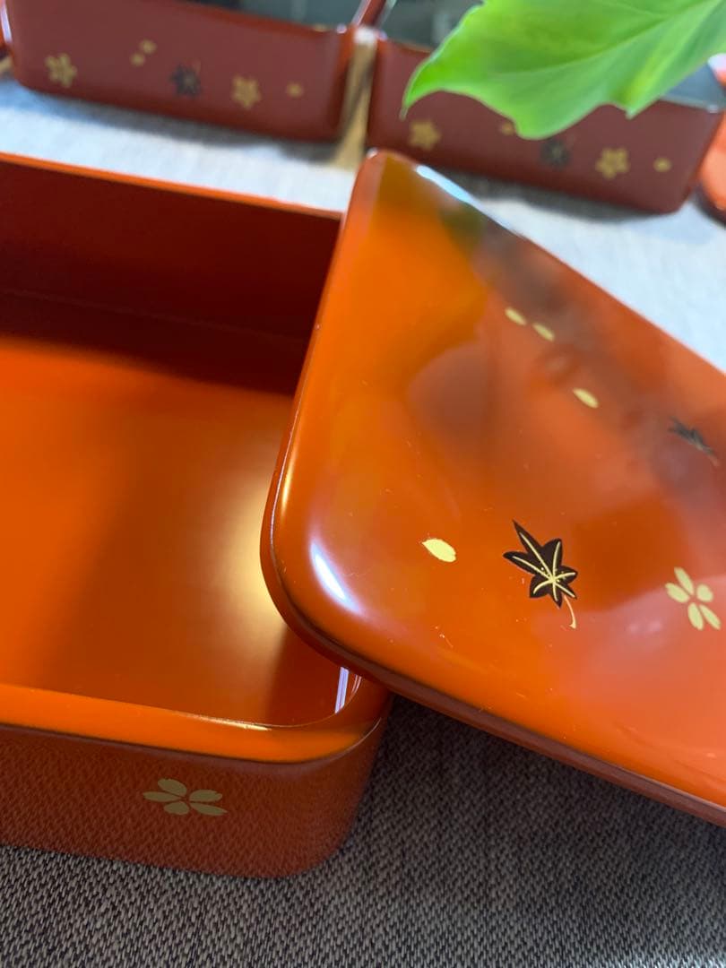 ￼輪島塗 小重（小ぶり重箱）五客　春秋蒔絵　桜　紅葉　ちらし　木箱入未使用保管品