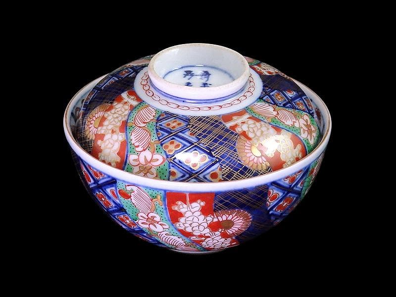 大聖寺伊万里　金襴手　捻り紋に寿の図　蓋茶碗　N158AS-DCd