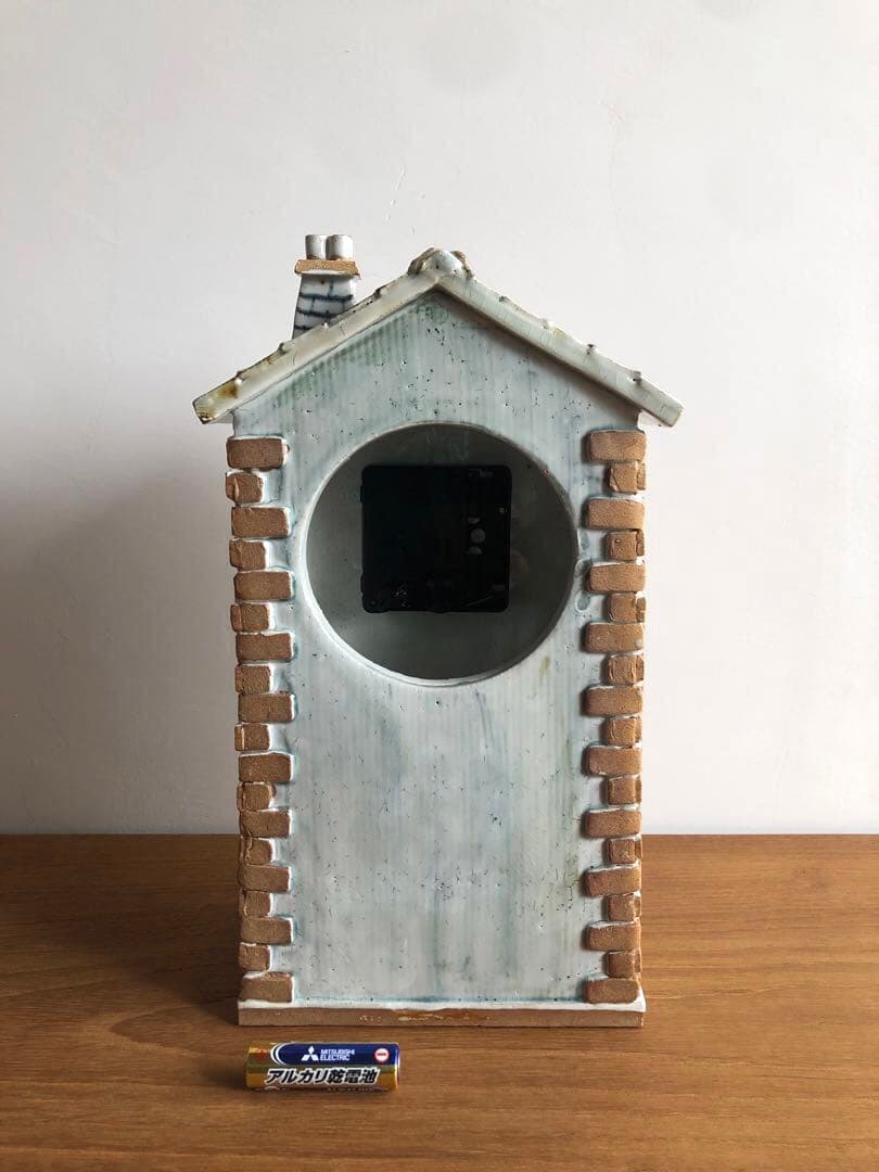 ドイツ ヴィンテージ 北欧雑貨 置き時計 陶器 煙突のある家 作家サイン 動良好