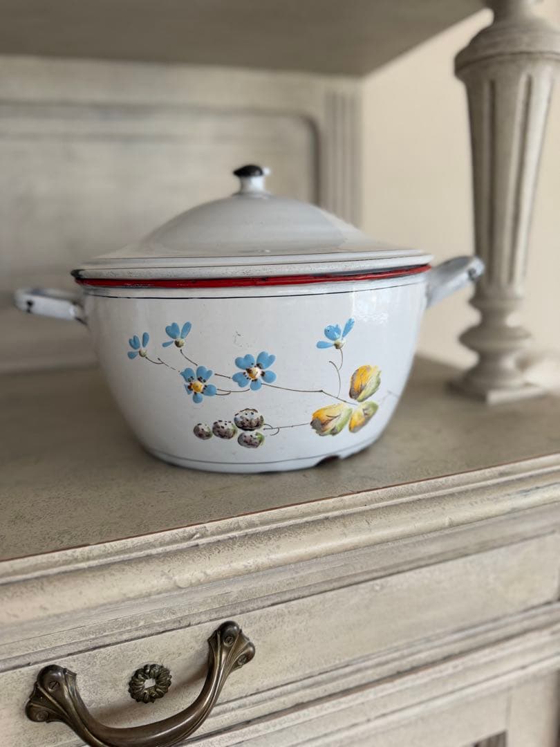 フランスアンティークJapy社小鳥とベリーのホーロースーピエールチューリーン