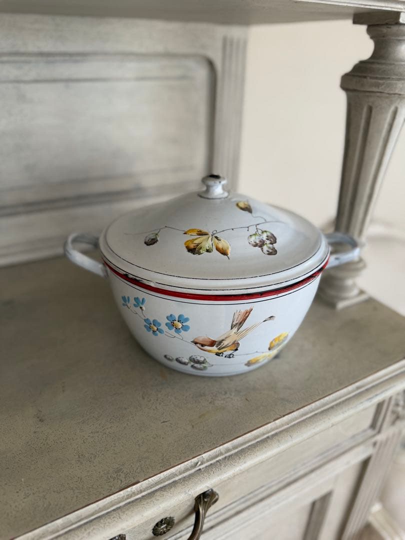 フランスアンティークJapy社小鳥とベリーのホーロースーピエールチューリーン