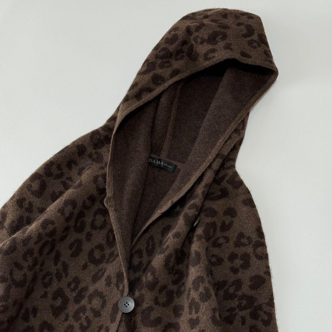 ダーマコレクション　ヤク100% フード付き ポンチョ風ニットコート レオパード