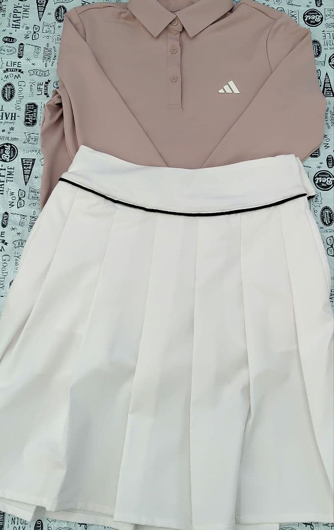 adidas ゴルフ ピンク長袖ポロシャツ&ホワイトスカートセット