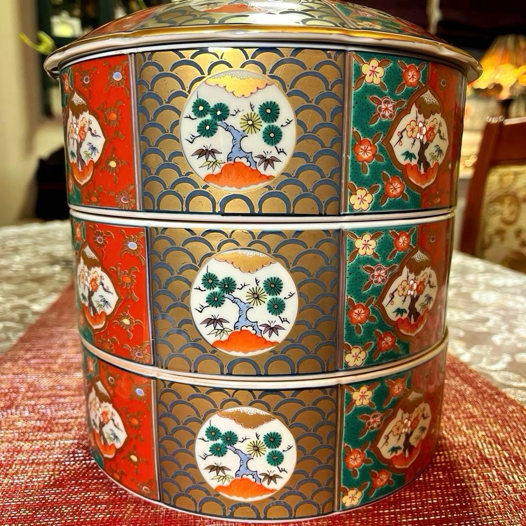 ー有田焼ー 【美品】 林九郎作 献上錦四君子 金襴手 特大 陶器三段重