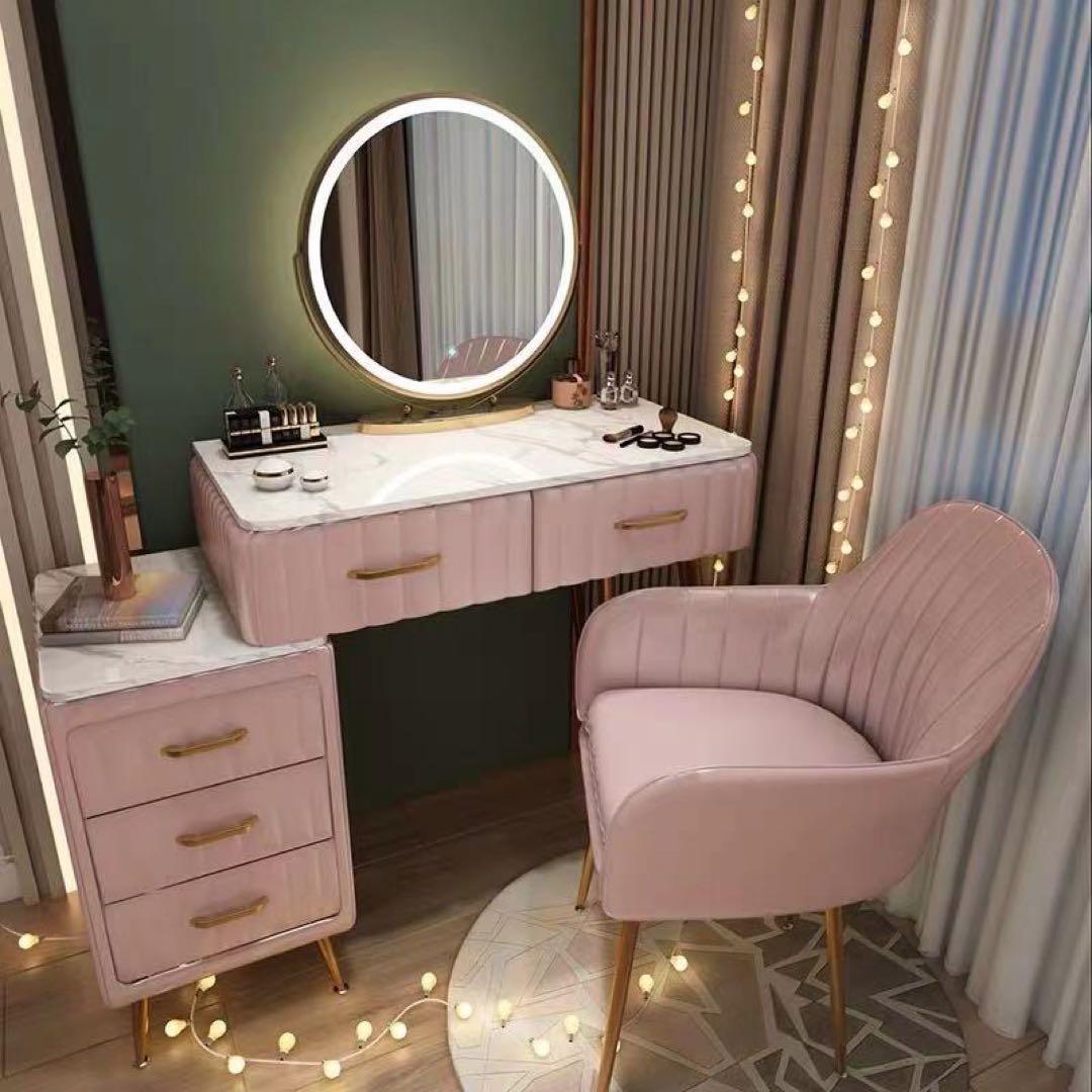 オシャレドレッサー　ホワイト　引き出し2杯LEDミラー　椅子　棚4点セット