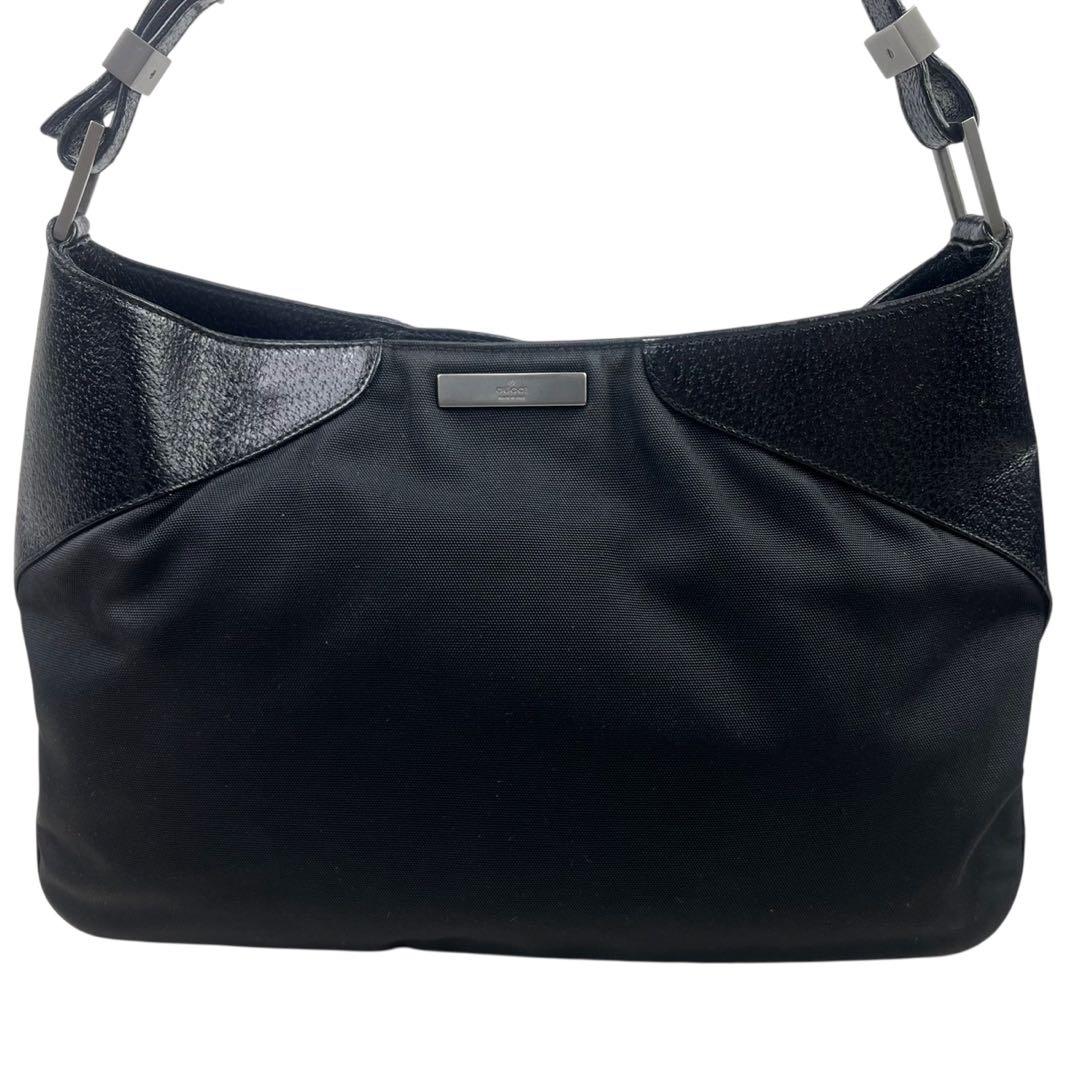 美品 グッチ ワンショルダー トートバッグ ブラック ロゴプレート 肩掛け