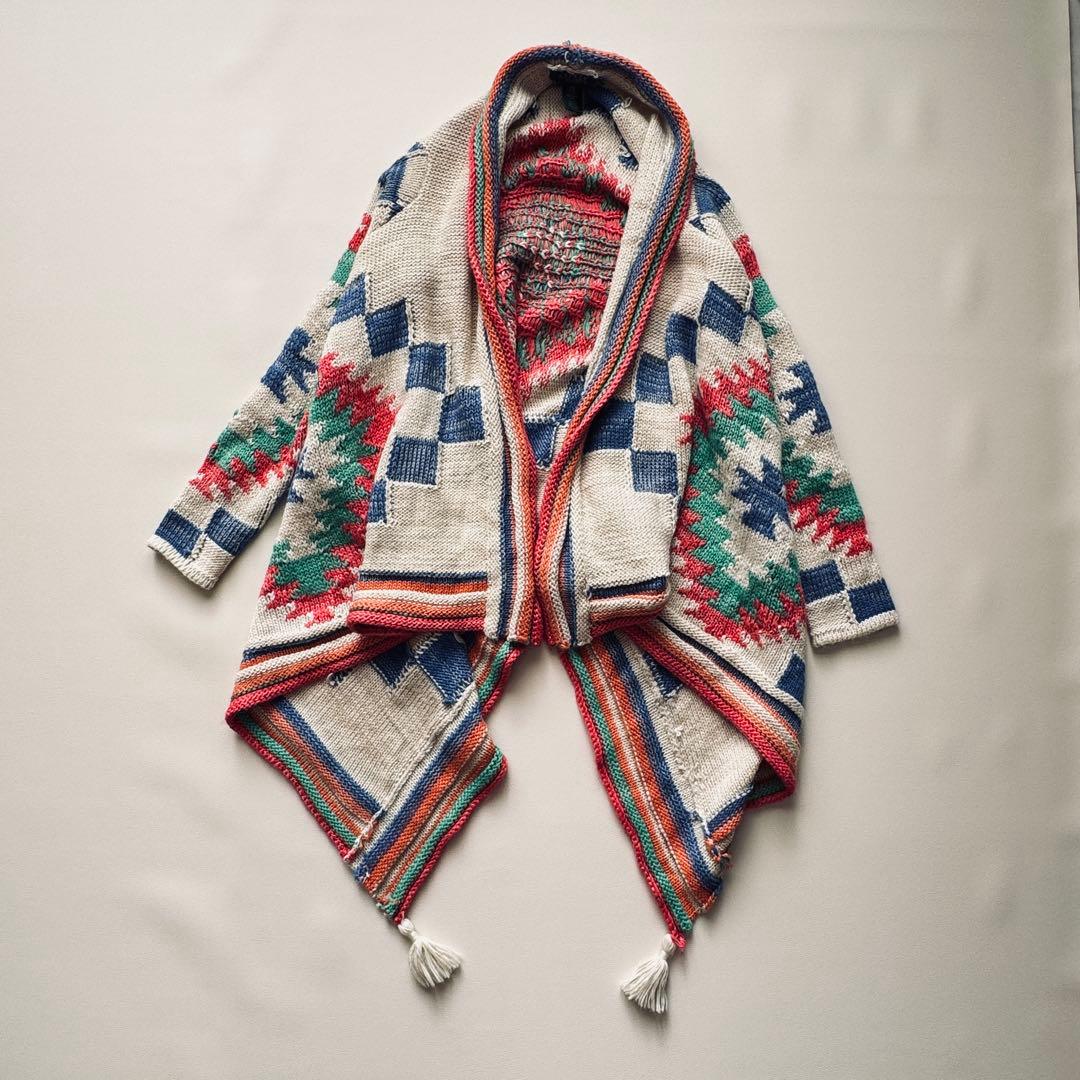 ローレンラルフローレン ネイティブ柄ニット カーディガン フリンジ付き　タッセル