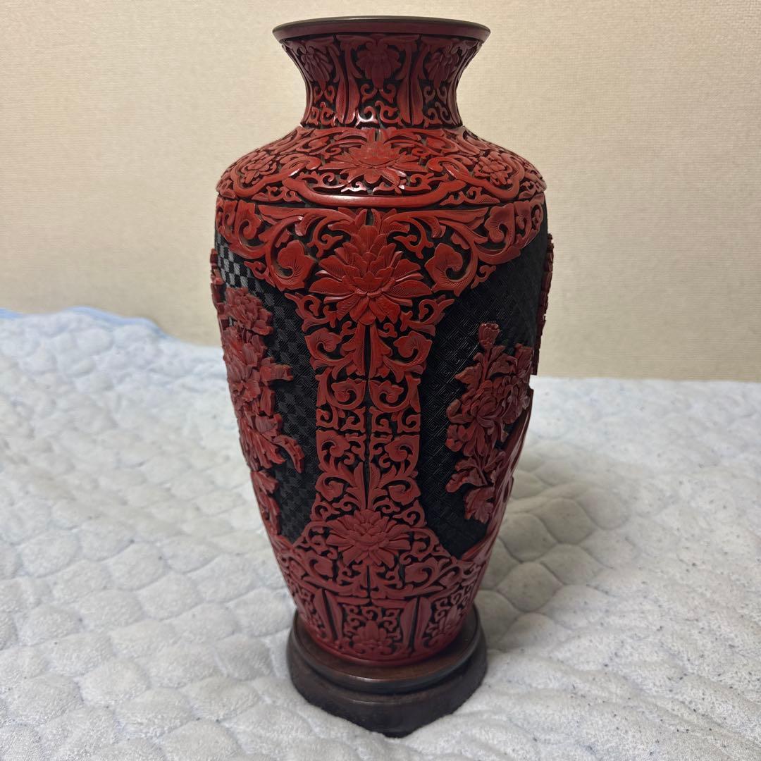 中国美術 大花瓶 堆朱 堆黑 花鳥 唐木台 紫檀 花梨 一輪挿し美品