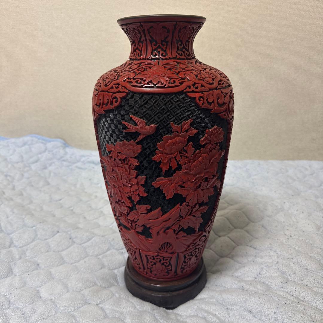 中国美術 大花瓶 堆朱 堆黑 花鳥 唐木台 紫檀 花梨 一輪挿し美品