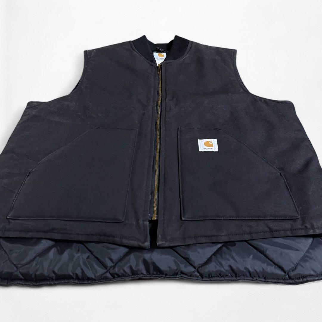 90s 00s Carhartt ダック地 キルティング ベスト 腰ゴム 黒
