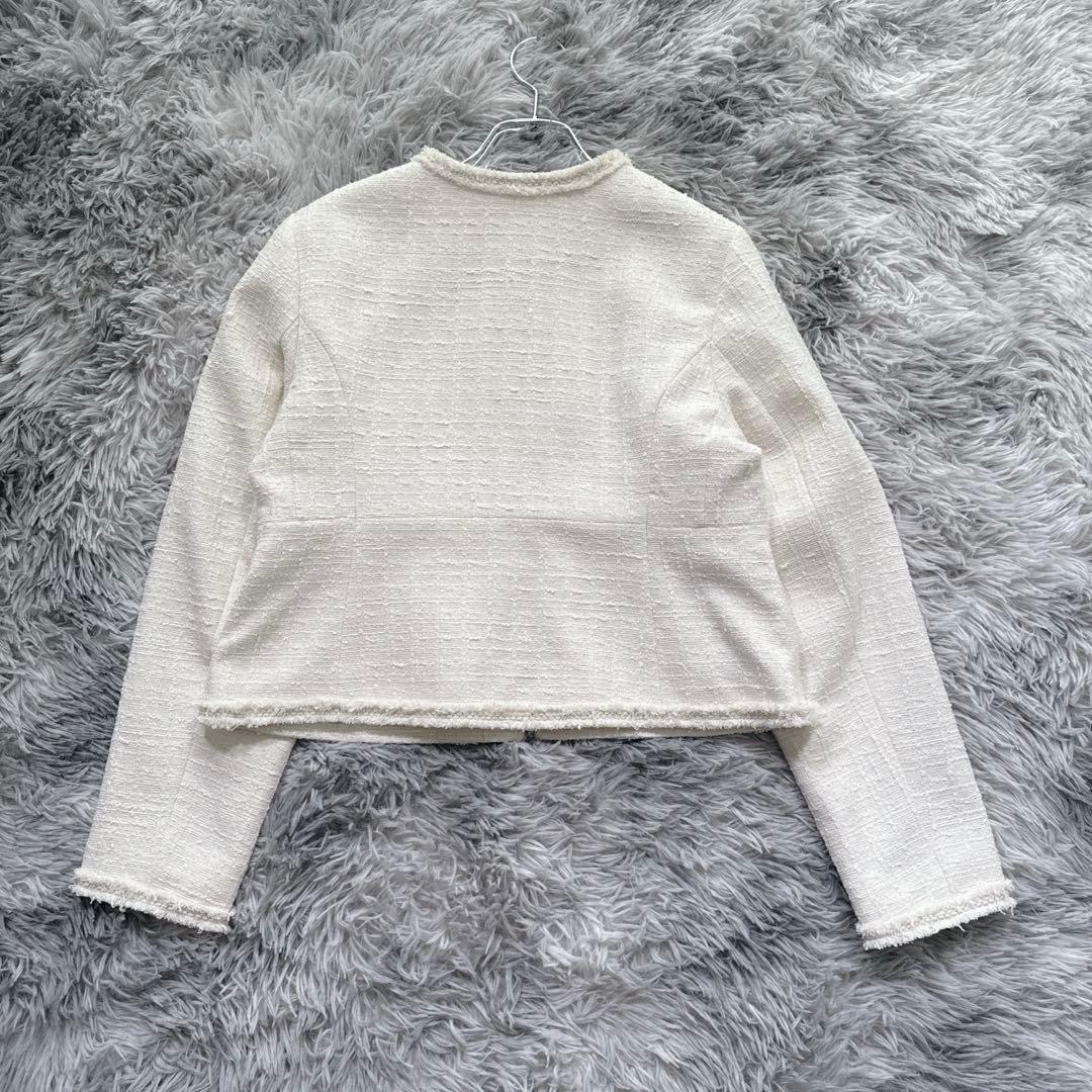 セルフォード ノーカラーツイードジャケット M アイボリー 上品 入学式 入園式